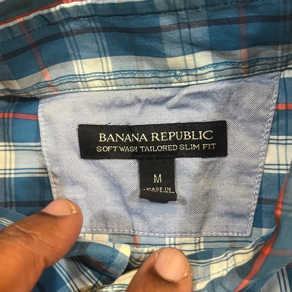 Banana Republic Mens Blue Plaid Soft Wash Tailored Slim Fit Button Down Shirt M